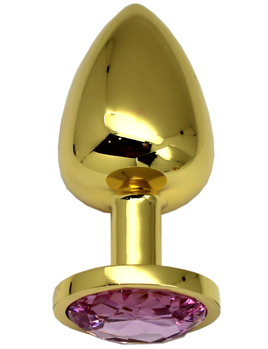 Анальная пробка алюминиевая, большая, золотая, кристалл розовый, 40x95 мм