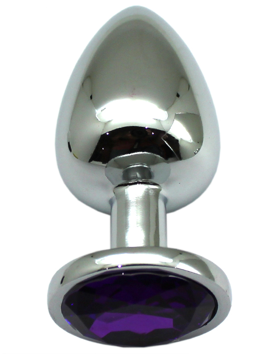 Анальная пробка алюминиевая, большая, серебряная, кристалл фиолетовый, 40x95 мм