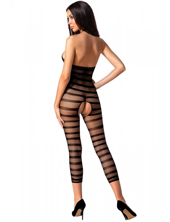 Боди-комбинезон, имитация топа с леггинсами, полосы и сетка, чёрный, размер OS