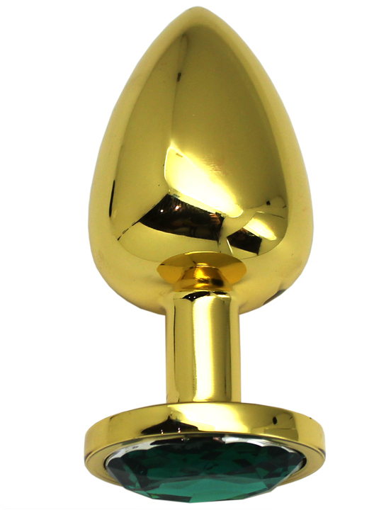 Анальная пробка алюминиевая, большая, золотая, кристалл изумрудный, 40x95 мм