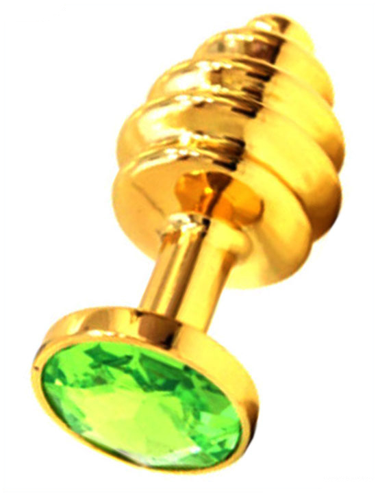 Анальная пробка с зелёным кристаллом, золотая, 32x74 мм