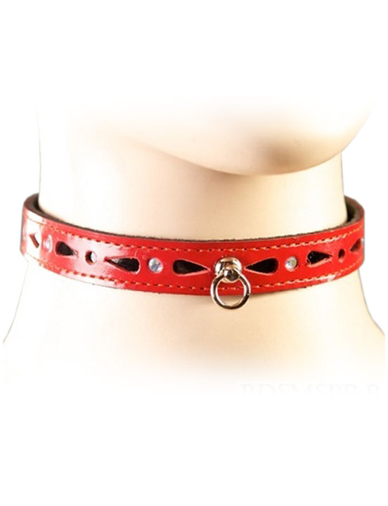 Ошейник со стразами и колечком, красный, ширина 15 мм, размер универсальный