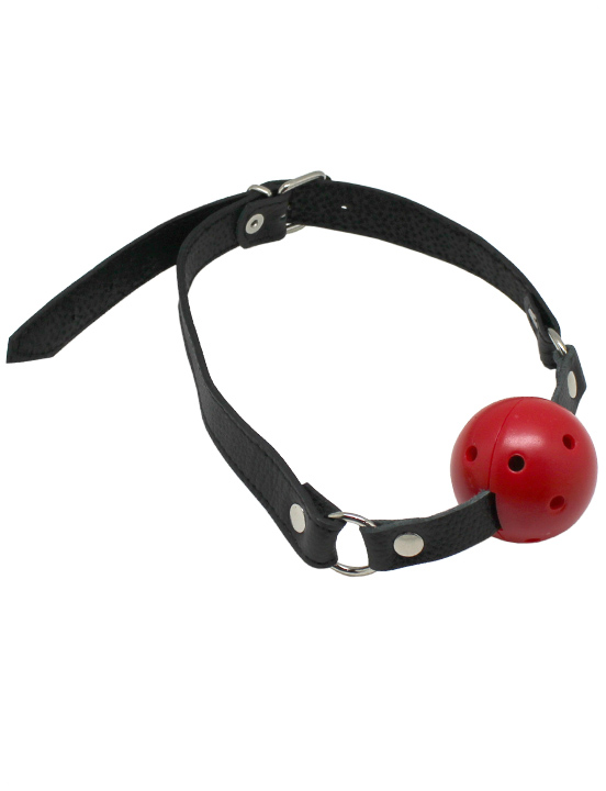Кляп-шарик (пластик), ремешки на кожаной подкладке, чёрно-красный