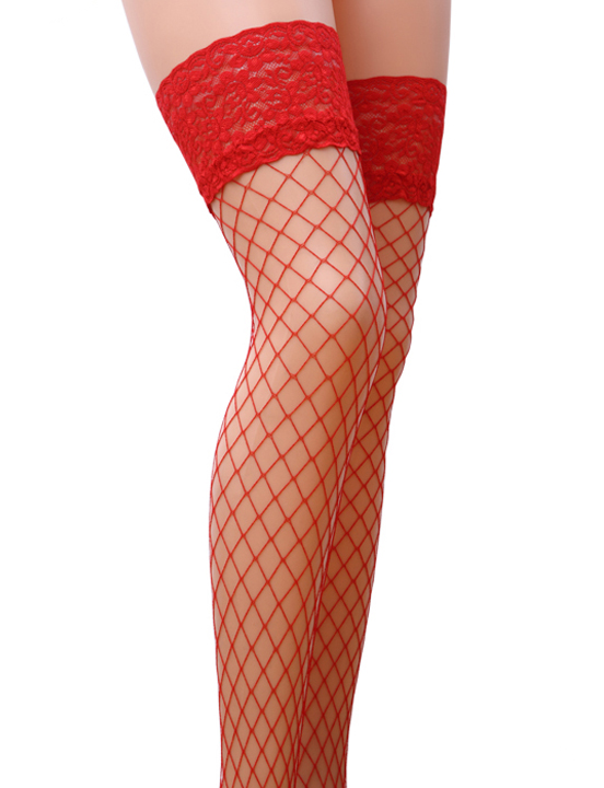 Чулки, красные, крупная сетка, размер 3/4