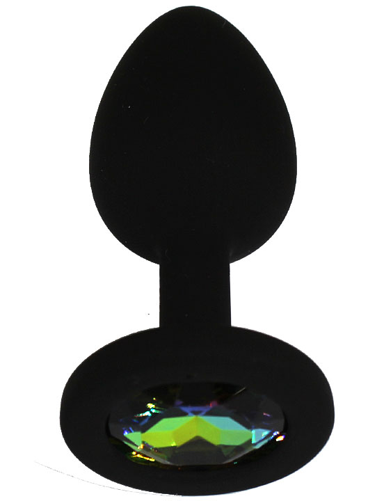 Анальная пробка силиконовая малая, чёрная, кристалл цветной, 30x73 мм