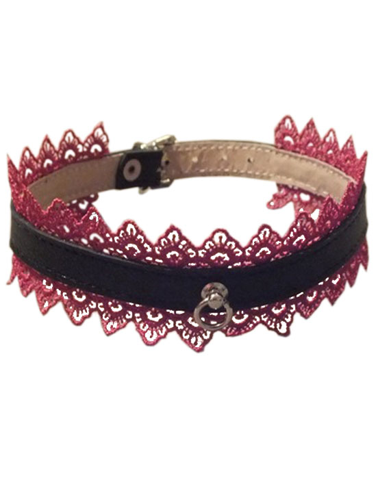 Ошейник чёрный с цикламеновым кружевом и колечком