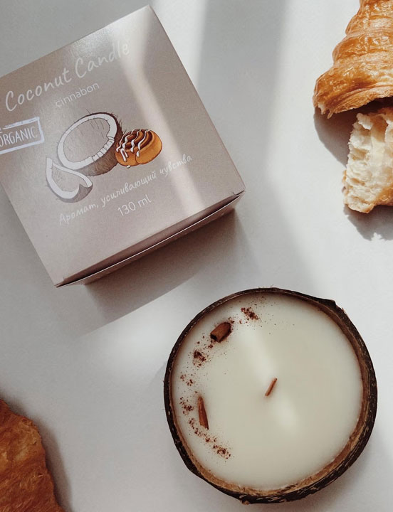 Свеча ароматическая декоративная в кокосе TIME HEAT «Cinnabon», 130 мл