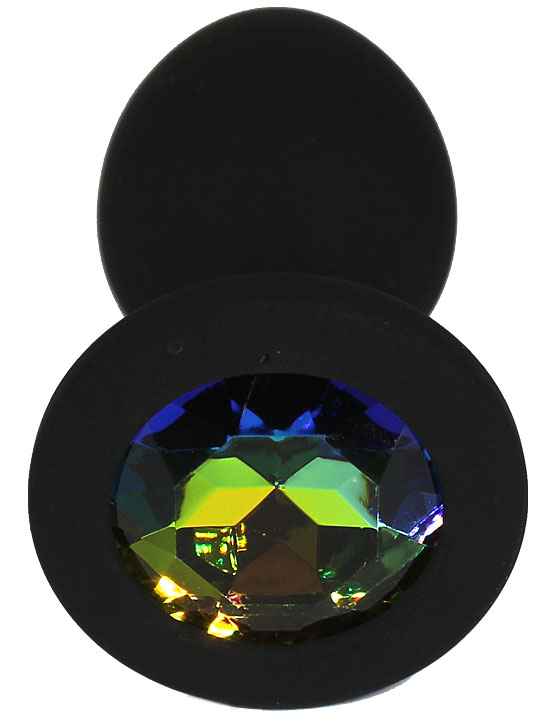 Анальная пробка силиконовая малая, чёрная, кристалл цветной, 30x73 мм