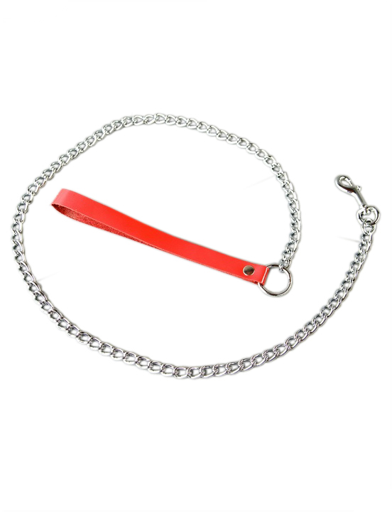 Поводок с ручкой из красной лакированой кожи, цепь 900 мм
