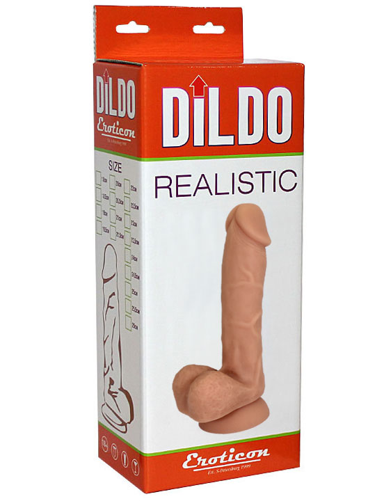 Фаллоимитатор Eroticon Realistic на присоске с мошонкой, силикон, телесный, 200x37 мм